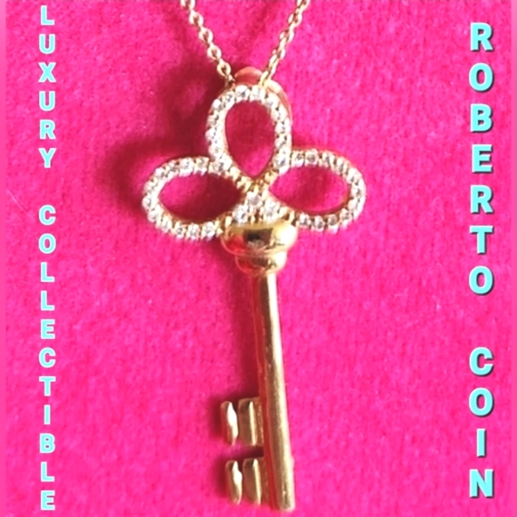 ROBERTO COIN HTF 18kt Gold Chain KEY Pendant .21 kt Diamonds 16" Necklace - Picture 7 of 12